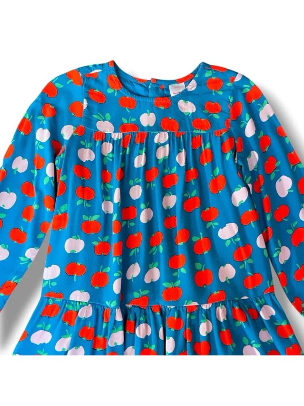 Hanna Andersson Girls Dress Sz 8 130 Blue Red Pink Apple Print Long Sleeve